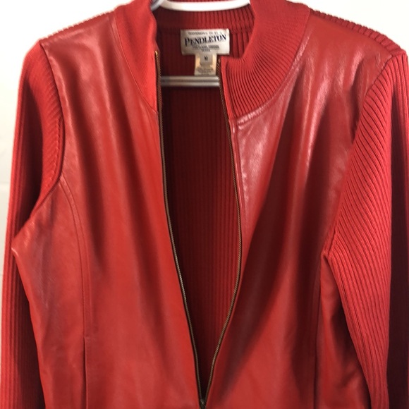Pendleton Leather Wool Zip Front Jacket Size MP Red Ribbed - Picture 3 of 7